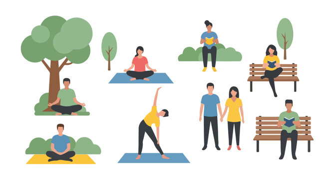 The image shows various people engaged in outdoor activities like yoga, reading, and walking in a park-like setting with trees and benches.