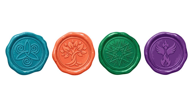 Set of four colorful wax seals featuring mystical symbols like phoenix, tree of life, and celestial patterns on white background