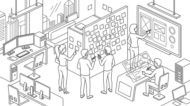 Isometric Line Art of Creative Business Team Working on UI UX Design and Agile Planning in Modern Office Workspace