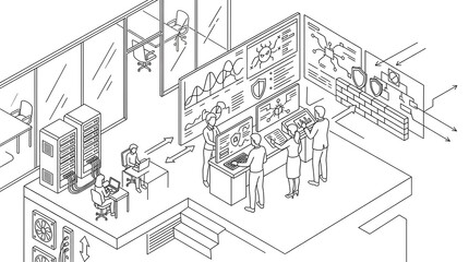 Fototapeta premium Isometric Line Art Illustration of Cybersecurity Professionals Monitoring Network Data and Security