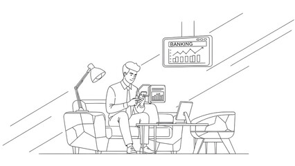 Obraz premium Businessman using mobile banking app and analyzing financial stock market charts line art illustration