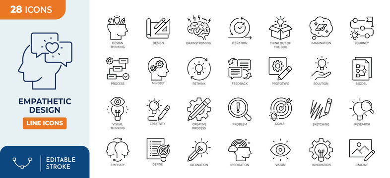 Empathetic Design Line Editable Icons set. contain icons related to creativity, design, thinking, innovation, brainstorming, imagination, and more. editable stroke. vector illustration
