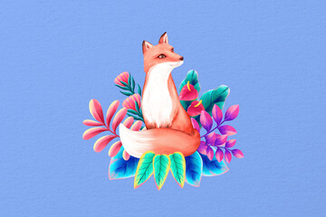 Fototapeta premium Cute fox background, blue floral design