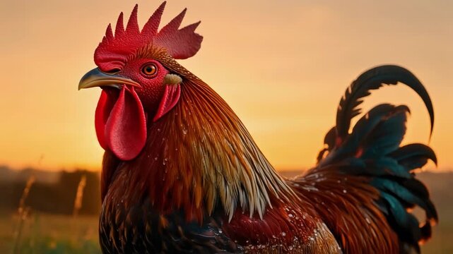 Vibrant rooster crowing at sunrise with feathers glistening in morning dew on a peaceful farm