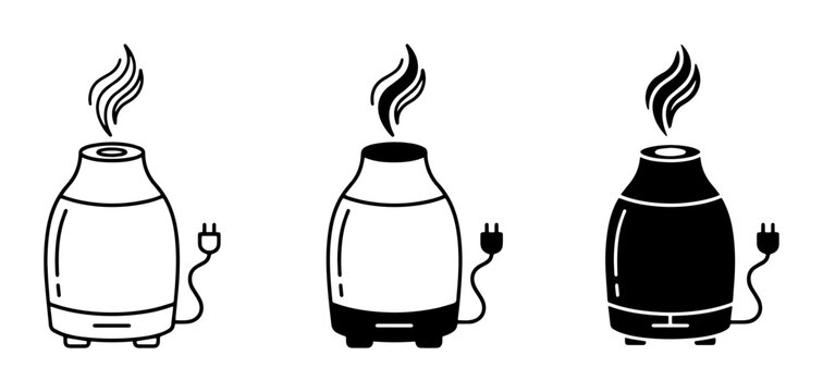 Aroma diffuser icon set for home and wellness outline, solid and color styles, white background
