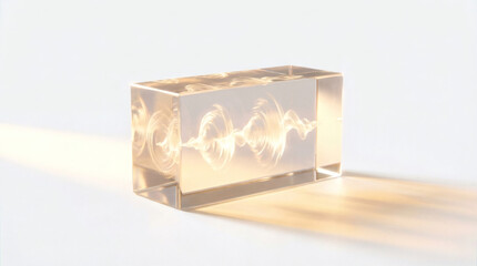 Obraz premium A solid transparent acrylic block with visible three-dimensional frozen soundwave ripples trapped inside, pure white background, dramatic side lighting, no people, no text, physical representation 