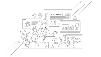 Obraz premium Professional Woman Presenting Artificial Intelligence Educational Software with Analytics Dashboards