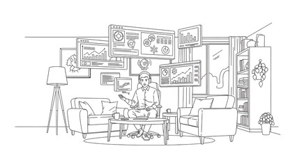 Obraz premium Professional Business Analyst Monitoring Virtual Data Dashboards in a Modern Living Room Line Art