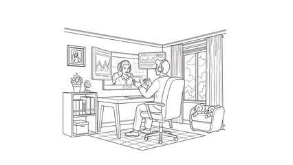 Fototapeta premium Businessman Conducting Remote Video Conference with Data Analysis Charts in Cozy Home Office Line Art