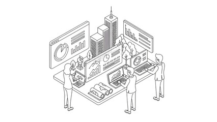 Obraz premium Professional Business Team Analyzing Financial Data and Urban Planning in Isometric Line Art Style