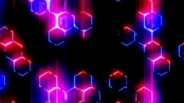 Hexagon pattern neon lights with upward arrows display a futuristic cyberpunk digital glitch background.