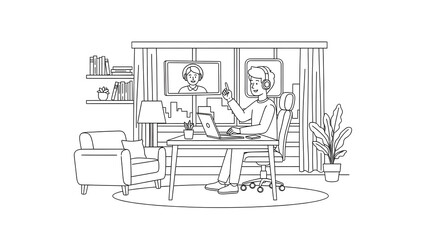 Obraz premium Young Man Having Video Conference Call on Laptop at Home Office Desk Line Art Illustration