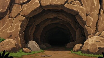 Fototapeta premium Cartoon cave entrance with large rocks and dark interior passage. Natural geology formation of mountain opening. Outdoor ground path leads inside mysterious stony cavern.