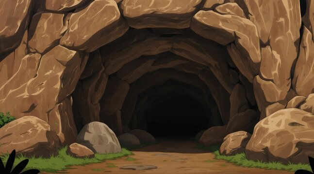 Cartoon cave entrance with large rocks and dark interior passage. Natural geology formation of mountain opening. Outdoor ground path leads inside mysterious stony cavern.