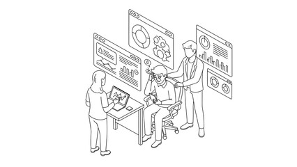 Obraz premium Stressed Businessman with Headache Surrounded by Data Dashboards and Supportive Office Colleagues