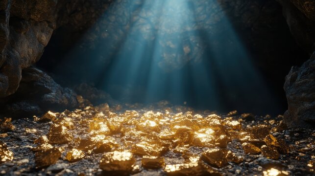 Gleaming gold nuggets scattered across dark damp soil illuminated by light beams