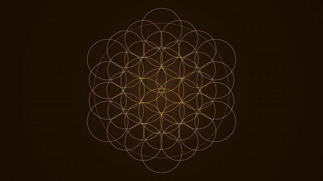 Cinematic 4K seamless loop of a glowing orange flower of life sacred-geometry pattern breathing in radial symmetry in crisp volumetric detail. Ideal for yoga, yoga studio. 4K UHD.