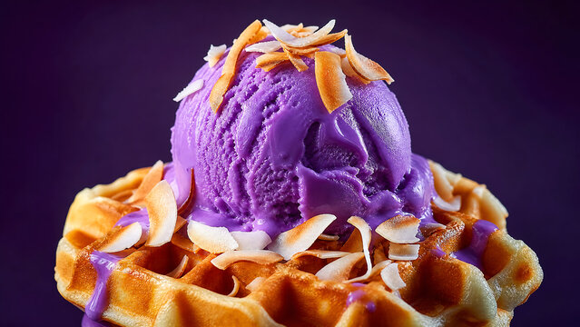 Purple ube ice cream on waffle with almond flakes and chocolate drizzle, unique dessert