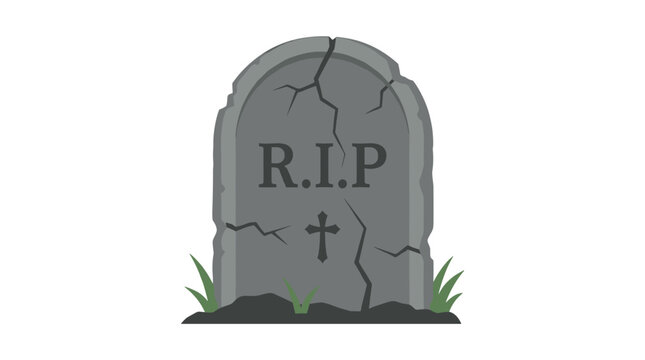 A Solemn RIP Tombstone: A weathered and cracked tombstone stands as a somber monument, bearing the inscription R.I.P. and a cross, symbolizing remembrance and final rest.