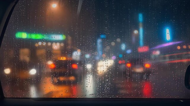 Rainy night cityscape viewed through car window with raindrops glistening on glass urban atmosphere