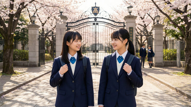桜が舞う校門の前に立ち見つめ合う二人の女子高生 入学式の記念イメージ