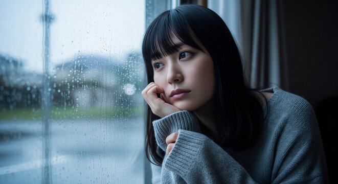 雨の日に窓辺で物思いにふける日本人女性