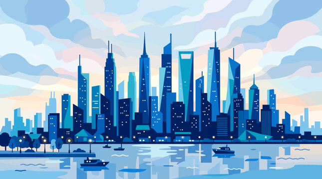 Blue City Skyline at Dawn: A modern city skyline, rendered in vibrant blues and reflecting in the water below, awakens under a cloudy dawn sky.