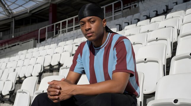 Young Black Man Wearing Durag and Striped Shirt Sitting in Stadium Seats