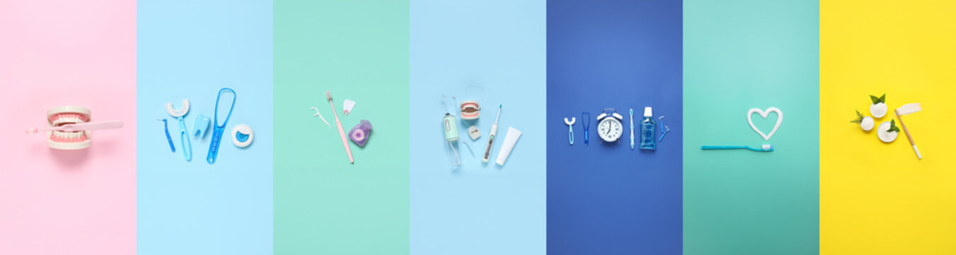 Comprehensive oral hygiene tools and dental care products on colorful backgrounds for healthy teeth and gums