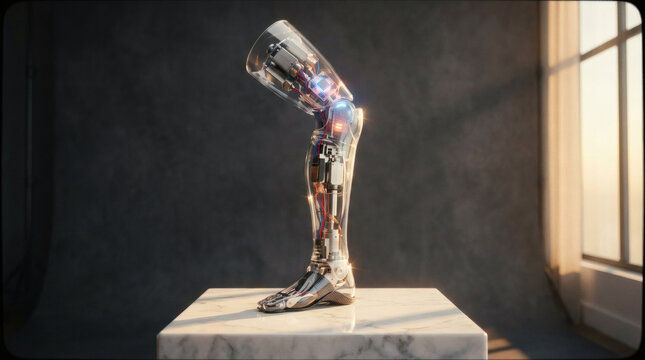 A hyper-realistic transparent bionic leg prosthesis with visible micro-servos and glowing neural interface chips, displayed elegantly on a polished white marble pedestal, dark charcoal studio backdrop