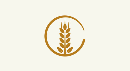Golden wheat stalk grain ear circular emblem. © Engg