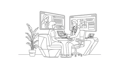 Obraz premium Male Doctor Consulting Female Patient in Modern Clinic Office with Telemedicine Screens Line Art Illustration