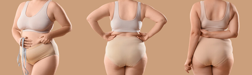 Obraz premium Overweight woman in underwear on pink background