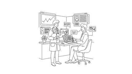 Obraz premium Two Doctors Analyzing Medical Data and Patient Records on Digital Interfaces in a Modern Hospital