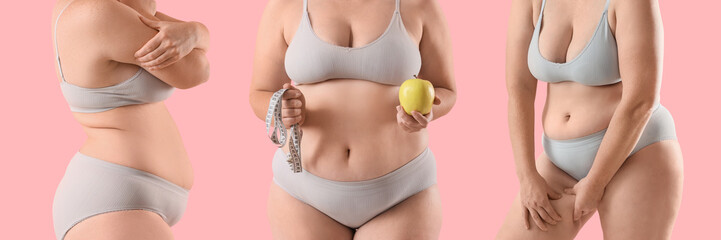 Overweight woman in underwear on pink background