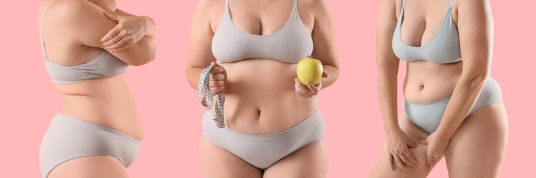 Overweight woman in underwear on pink background