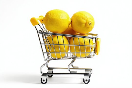 Small metal shopping cart filled with bright yellow lemons against a clean white background. Symbolizes fresh produce shopping, grocery selection, and healthy food choices for consumers.