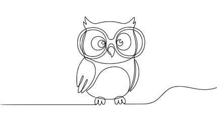 Fototapeta premium One Line Drawing of a Cute Owl with Big Glasses Sitting on a Branch