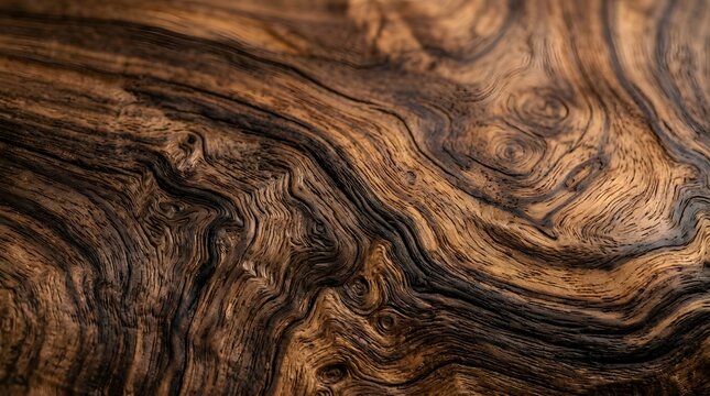 Close-up of rich, dark wood grain with swirling patterns