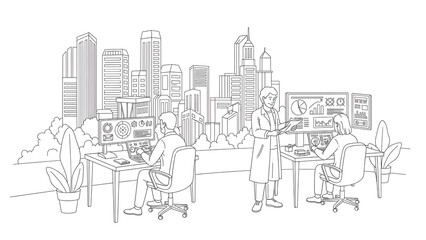 Obraz premium Modern Business Analytics Team Working in Urban Office with City Skyline View Line Art Illustration