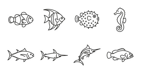 8 Marine Life linear icon set clownfish angelfish pufferfish seahorse tuna swordfish marlin bass, UI and web interface design © Bundleprohub
