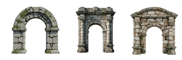 Obraz premium Set of ancient ruins stone arch archway isolated on transparent background historical roman architecture monument element for fantasy gaming and travel design layouts