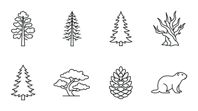 8 Nature linear icon set trees plants pine cone groundhog, UI and web interface design