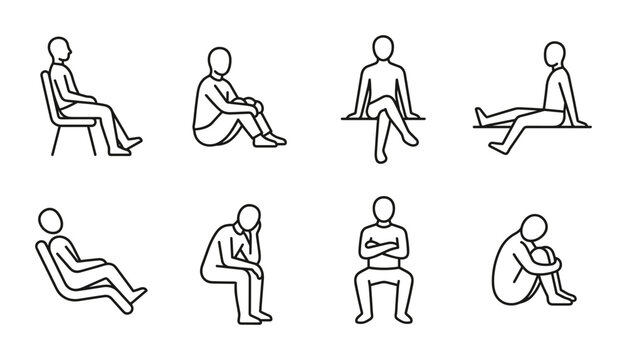8 Human Poses linear icon set sitting, reclining, thinking, crossed arms, UI and web interface design