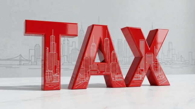 Red 3d tax word city skyline background