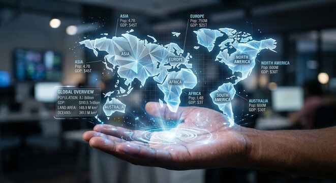 Hand displaying holographic polygonal world map with GDP metrics