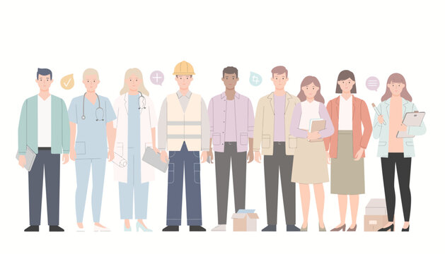 A diverse group of people standing together in a line, showcasing different professions and lifestyles with various expressions and belongings.
