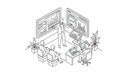 Fototapeta premium Isometric Line Art of Professional Business Meeting with Data Analysis and Digital Dashboard Display