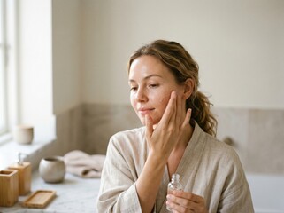 Fototapeta premium Young woman applying facial serum in a bright bathroom for daily skincare routine