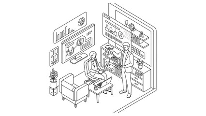 Obraz premium Modern Isometric Line Art of Business Professionals Working in Office with Data Analytics and UI Design